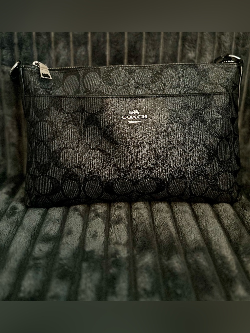 Coach Signature Black Canvas Crossbody Bag Leather Trim Adjustable Strap